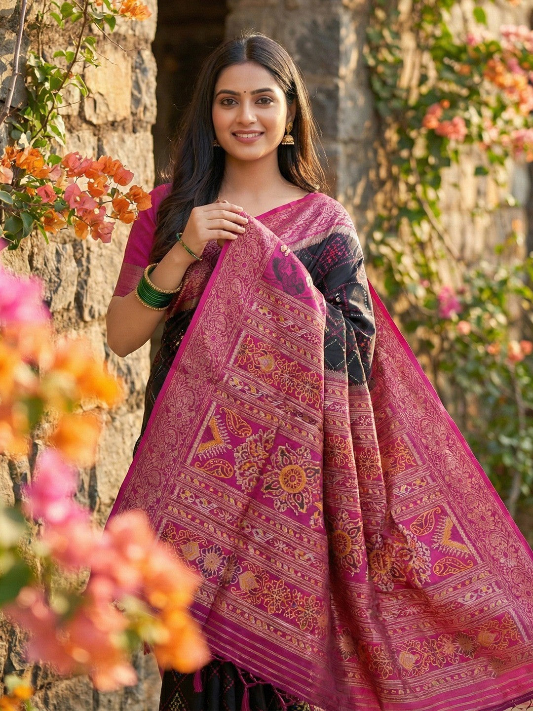 Sophisticated Black Silk Blend Saree Highlighted By Vibrant Zari Border & Traditional Weaving Work - Image 2
