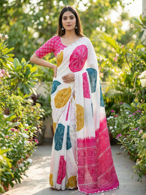 Contemporary White Chinon Saree with Playful Colorful Circle Print Detailing - Image 1
