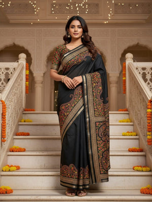 Black Tussar Silk Saree with Classic Paisley Pattern and Refined Traditional Finish - Image 1