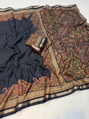 Black Tussar Silk Saree with Classic Paisley Pattern and Refined Traditional Finish - Image 2