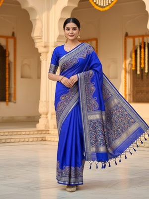 Blue Tussar Silk Saree with Classic Paisley Pattern and Refined Traditional Finish - Image 1