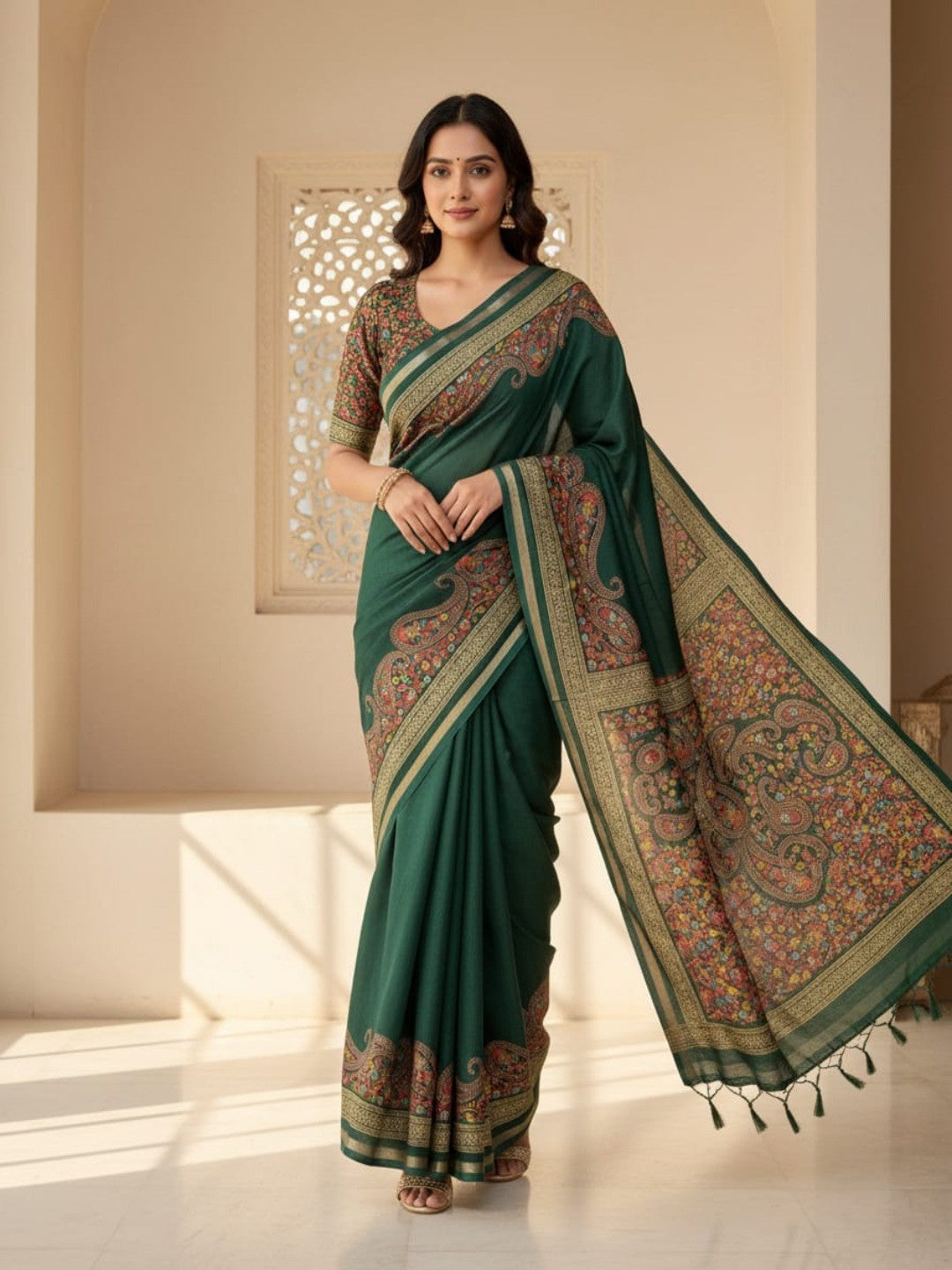 Green Tussar Silk Saree with Classic Paisley Pattern and Refined Traditional Finish - Image 1