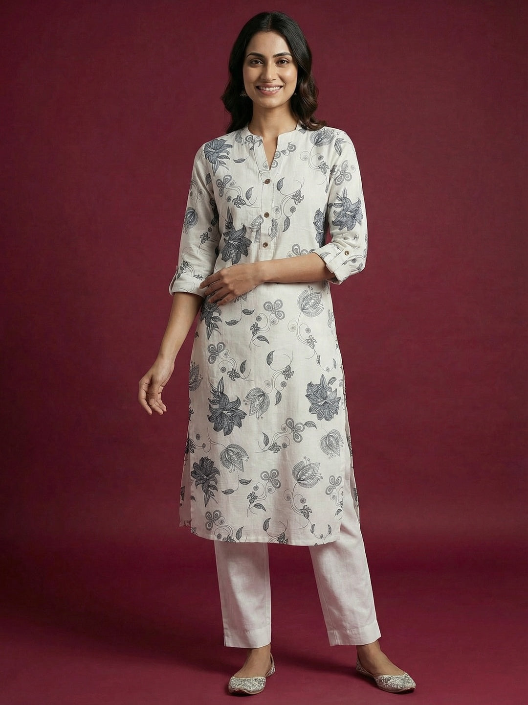 Ethnic Style Offwhite Floral Print Pure Cotton Straight Fit Kurti for Casual Wear - Image 1