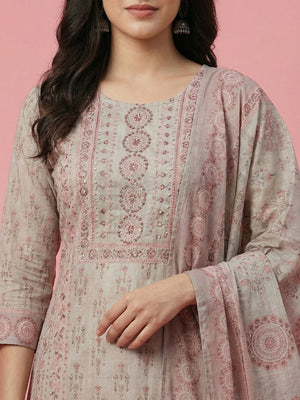 Grey Floral Print with Beads Work Embroidered Pure Cotton Salwar Suit - Image 2
