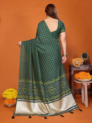 Timeless Green Cotton Silk Saree Showcasing Authentic Bandhani Print & Decorative Tassel Pallu - Image 2