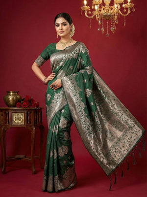Regal Green Floral Woven Banarasi Silk Saree Accentuated With Rich Zari Weaving & Tassel Pallu - Image 1