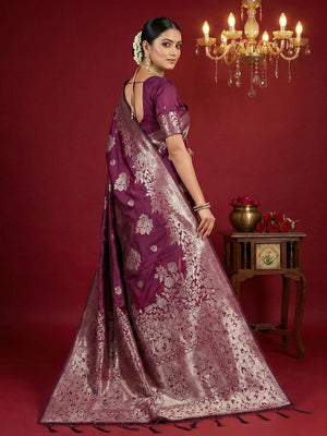 Regal Wine Floral Woven Banarasi Silk Saree Accentuated With Rich Zari Weaving & Tassel Pallu - Image 2