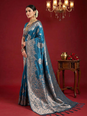 Regal Blue Floral Woven Banarasi Silk Saree Accentuated With Rich Zari Weaving & Tassel Pallu - Image 2
