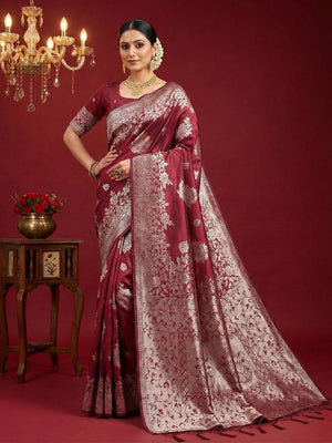 Regal Maroon Floral Woven Banarasi Silk Saree Accentuated With Rich Zari Weaving & Tassel Pallu - Image 1