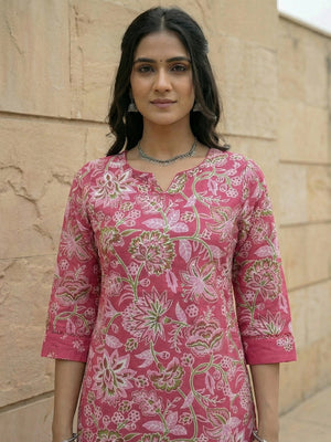 Beautiful Pink Floral Pattern Pure Cotton Kurta Salwar Set with Printed Dupatta - Image 2