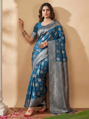 Elegant Blue Banarasi Silk Saree Featuring Intricate Floral Weaving With Graceful Tassel Pallu - Image 1