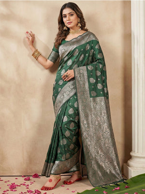 Elegant Green Banarasi Silk Saree Featuring Intricate Floral Weaving With Graceful Tassel Pallu - Image 1