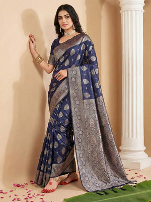 Elegant Navy Blue Banarasi Silk Saree Featuring Intricate Floral Weaving With Graceful Tassel Pallu - Image 1