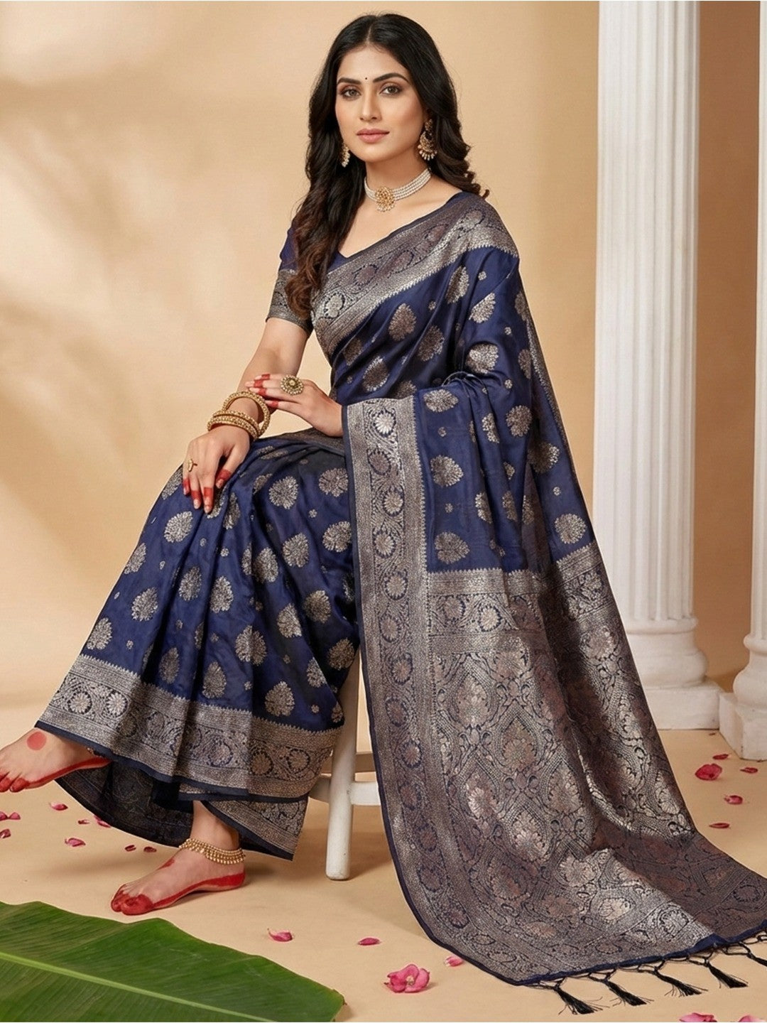 Elegant Navy Blue Banarasi Silk Saree Featuring Intricate Floral Weaving With Graceful Tassel Pallu - Image 3