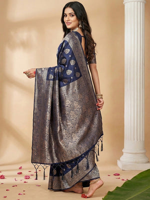 Elegant Navy Blue Banarasi Silk Saree Featuring Intricate Floral Weaving With Graceful Tassel Pallu - Image 2
