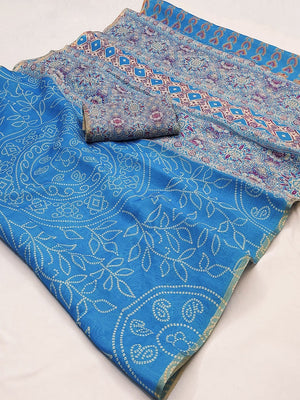 Sky Blue Linen Saree with Bandhani Print and Ethnic Motifs - Image 2