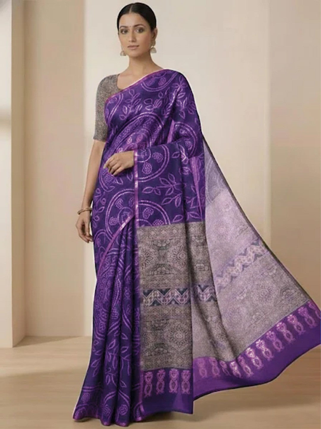 Purple Linen Saree with Bandhani Print and Ethnic Motifs - Image 1