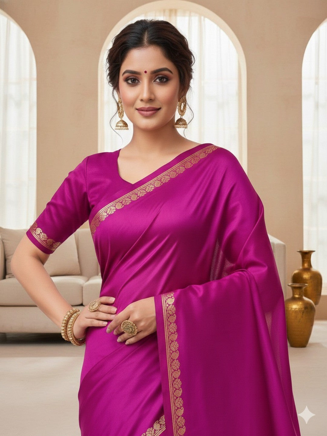 Elegant Pink Solid Mysore Silk Saree With Golden Striped Zari Border - Image 3
