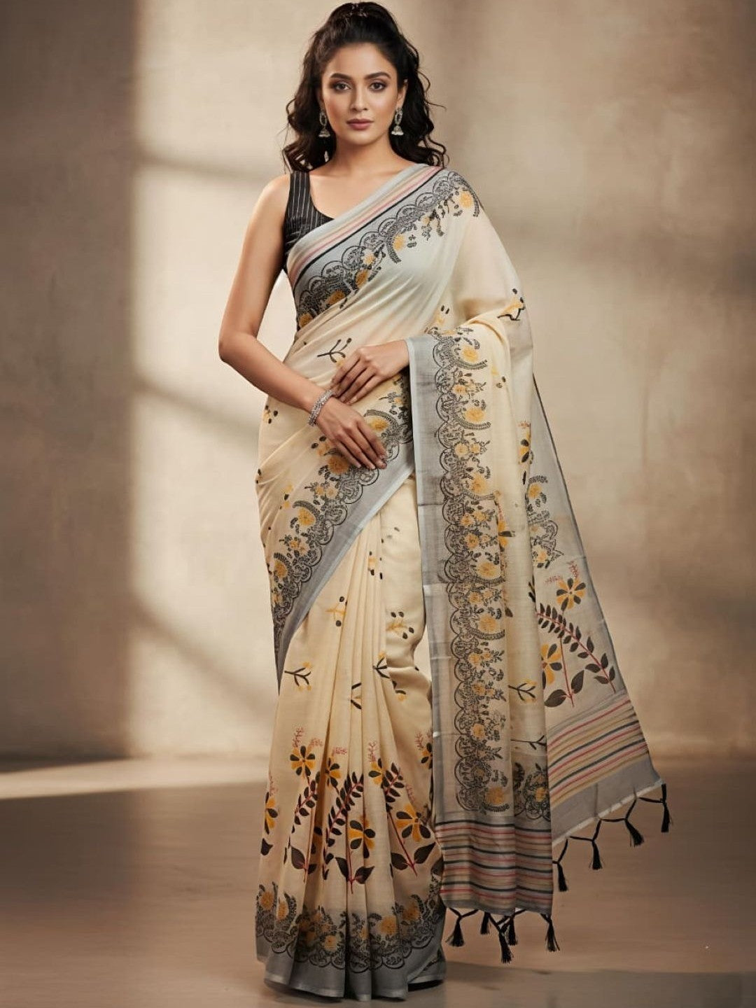 Graceful Cream Floral Print Linen Saree with Delicately Designed Beautiful Border - Image 1