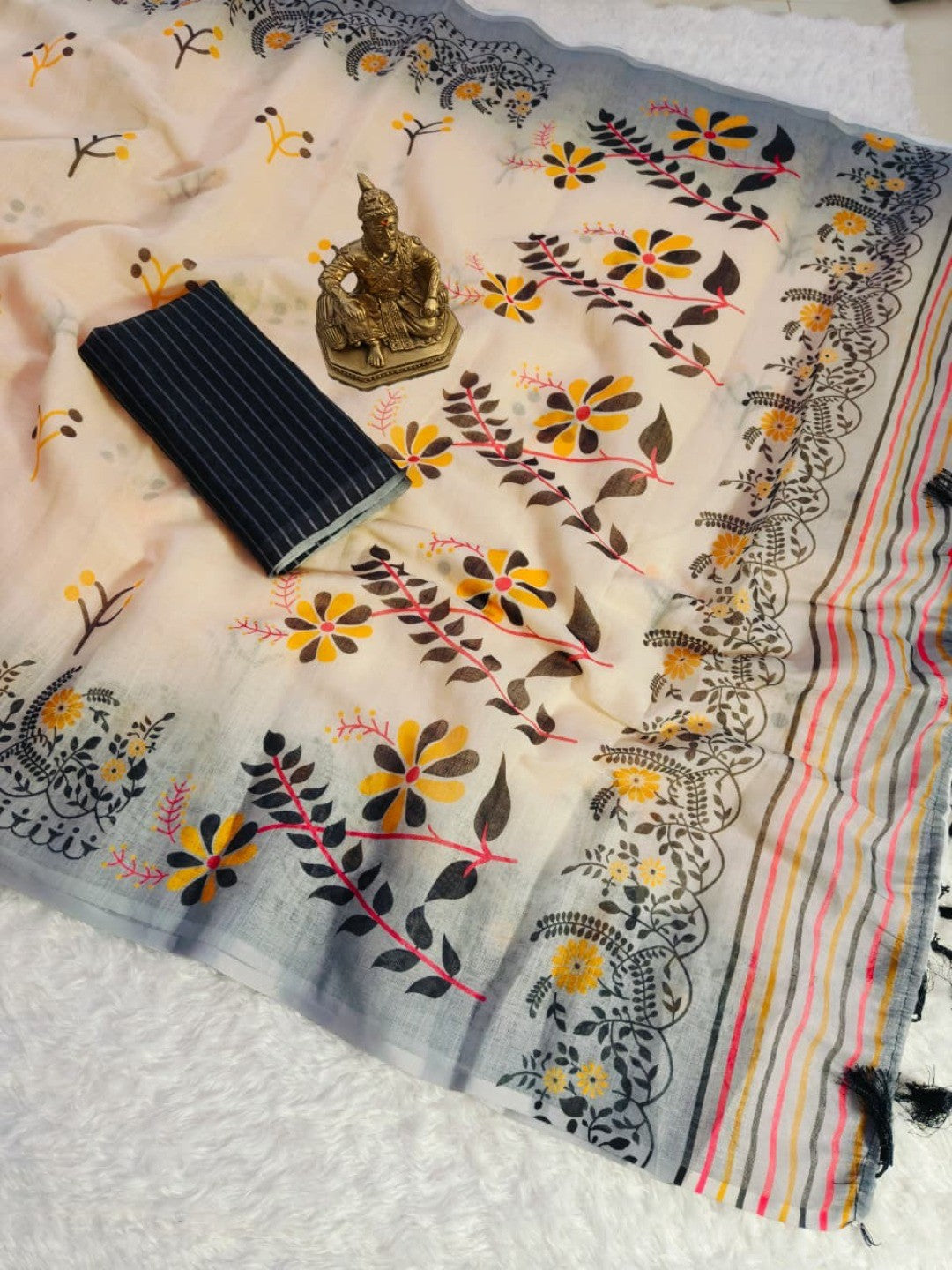 Graceful Cream Floral Print Linen Saree with Delicately Designed Beautiful Border - Image 5