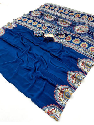 Blue Crepe Saree with Intricate Traditional Border Design for Modern Ethnic Styling - Image 2
