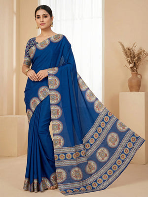 Blue Crepe Saree with Intricate Traditional Border Design for Modern Ethnic Styling - Image 1