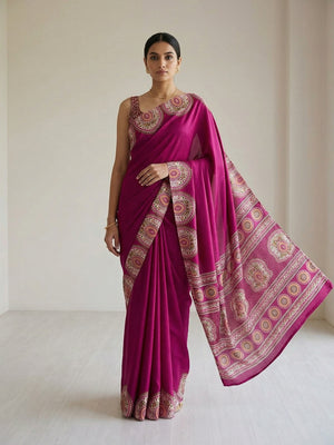 Magenta Crepe Saree with Intricate Traditional Border Design for Modern Ethnic Styling - Image 1