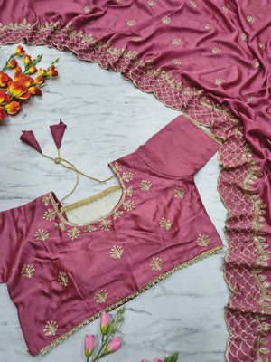 Pink Floral Design Vichitra Silk Saree Featuring Intricate Thread & Sequins Embroidery - Image 2