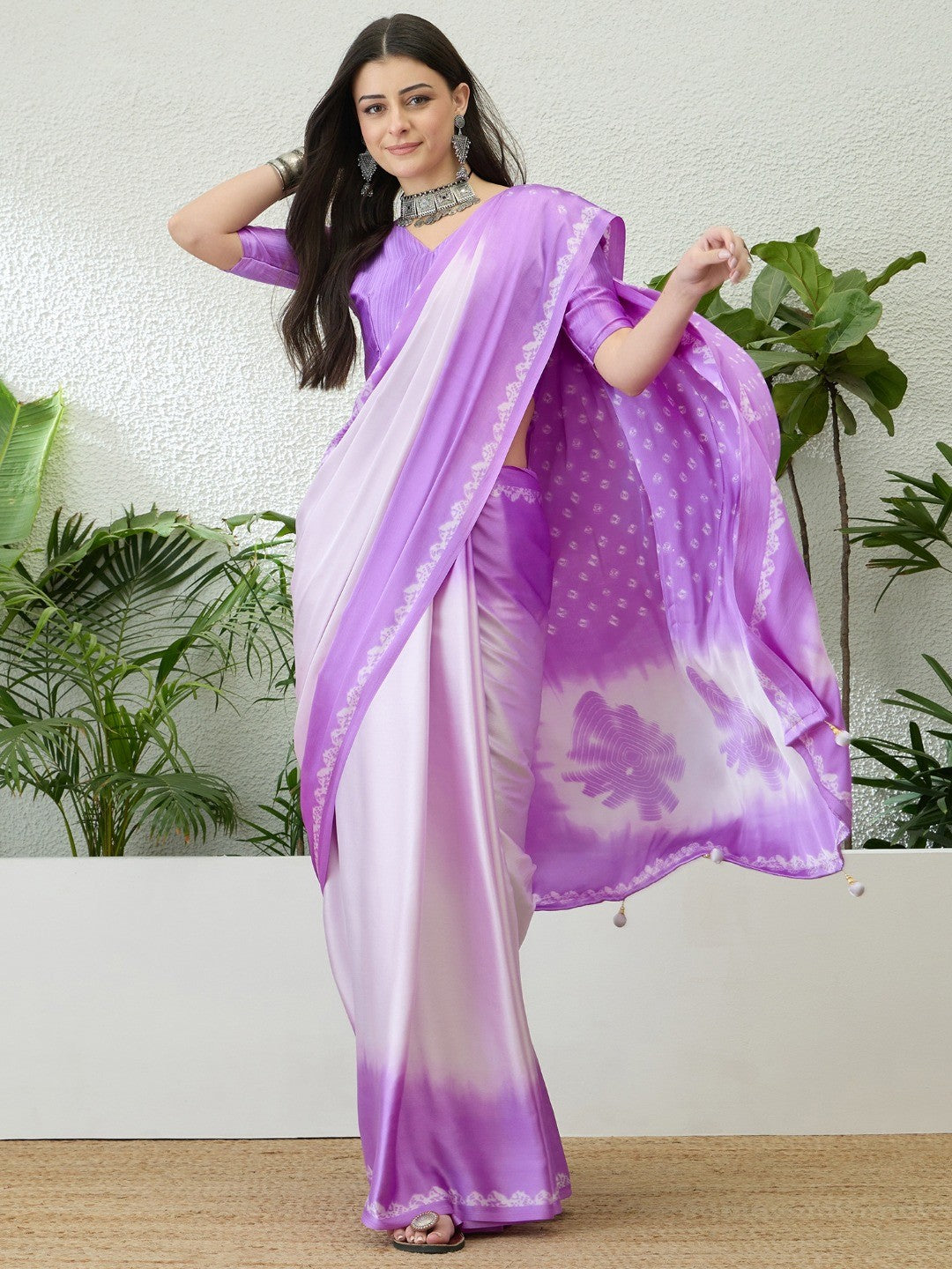 Classic Lavender Bandhani Printed Satin Ombre Saree With A Beautifully Finished Tassel Pallu - Image 1