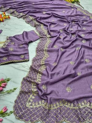 Lavender Floral Design Vichitra Silk Saree Featuring Intricate Thread & Sequins Embroidery - Image 2