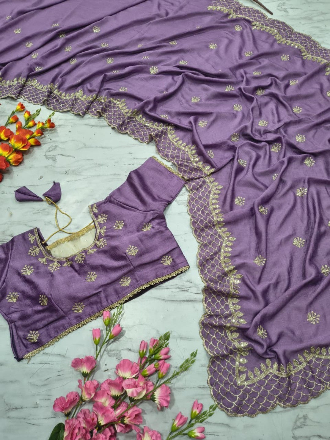 Lavender Floral Design Vichitra Silk Saree Featuring Intricate Thread & Sequins Embroidery - Image 3