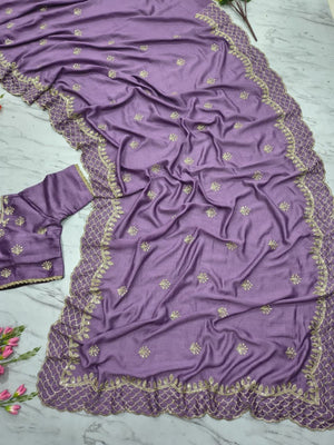 Lavender Floral Design Vichitra Silk Saree Featuring Intricate Thread & Sequins Embroidery - Image 2