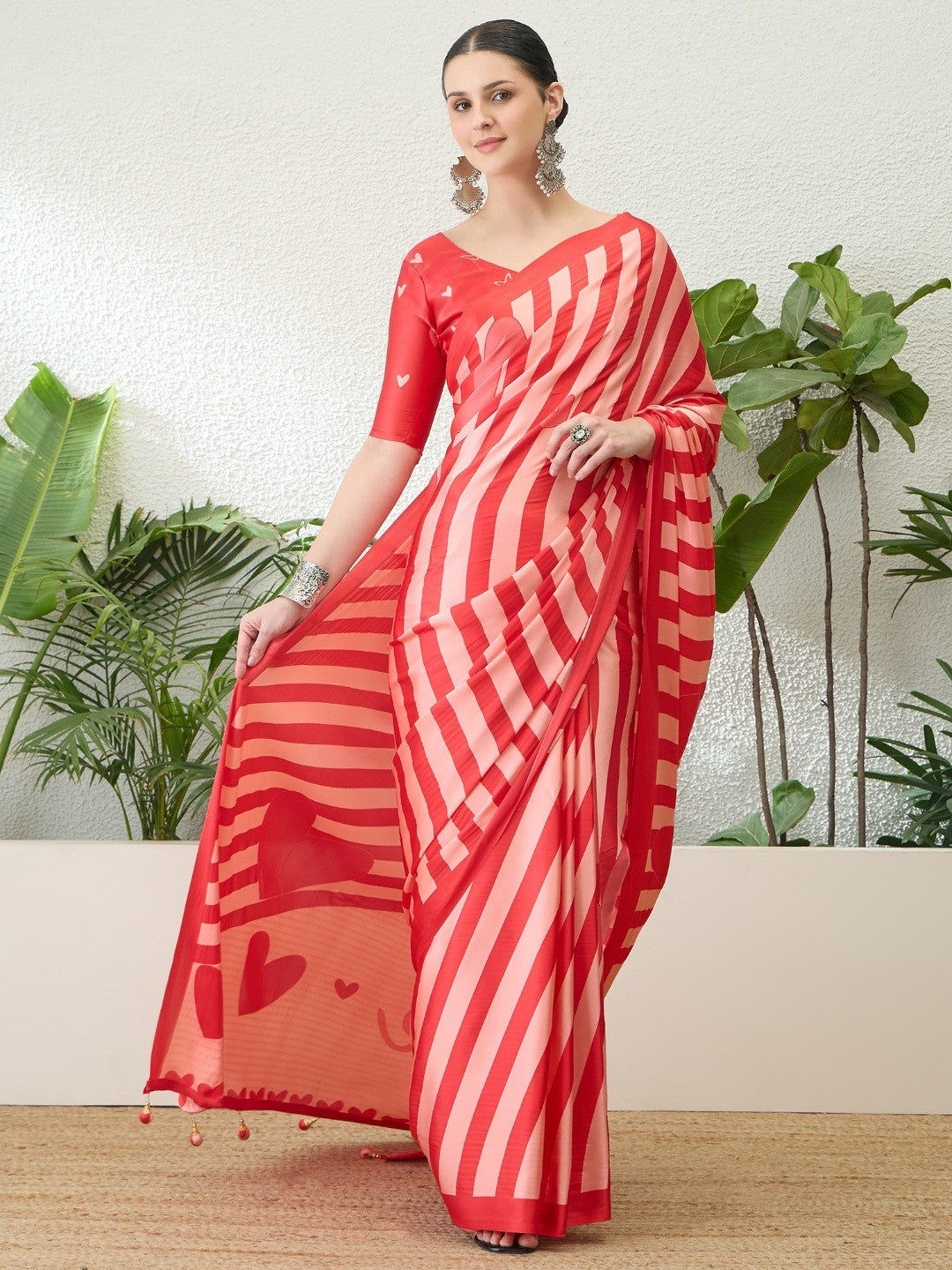 Red Striped Satin Saree with 'Love' Print and Tassel Details - Image 1