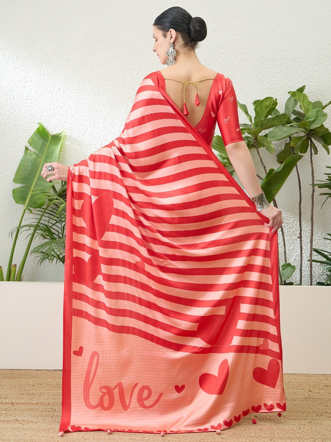 Red Striped Satin Saree with 'Love' Print and Tassel Details - Image 2