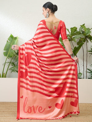 Red Striped Satin Saree with 'Love' Print and Tassel Details - Image 2