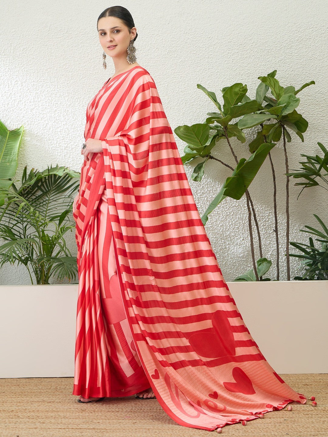 Red Striped Satin Saree with 'Love' Print and Tassel Details - Image 3