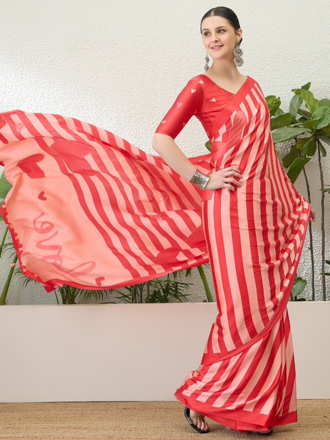 Red Striped Satin Saree with 'Love' Print and Tassel Details - Image 4