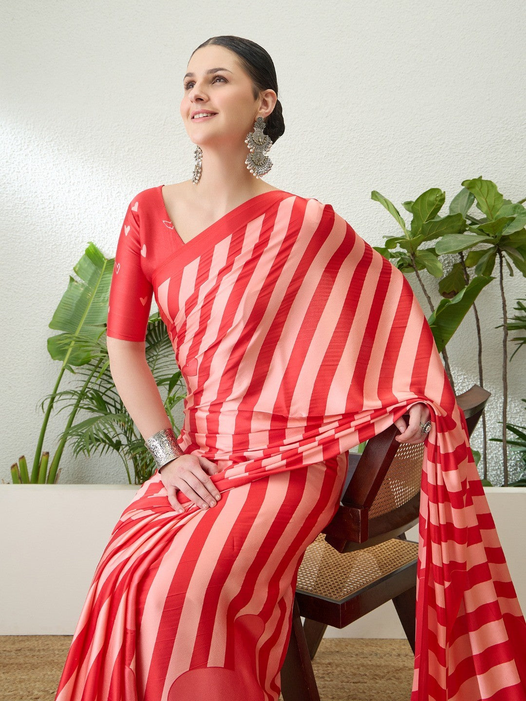 Red Striped Satin Saree with 'Love' Print and Tassel Details - Image 5