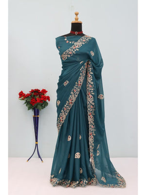 Elegant Teal Floral Cording Embroidered Georgette Saree Highlighted With Shimmering Sequins - Image 2