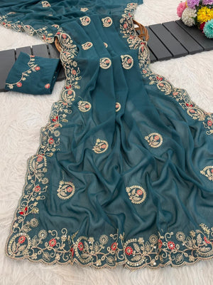 Elegant Teal Floral Cording Embroidered Georgette Saree Highlighted With Shimmering Sequins - Image 2