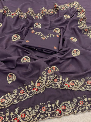 Elegant Purple Floral Cording Embroidered Georgette Saree Highlighted With Shimmering Sequins - Image 2