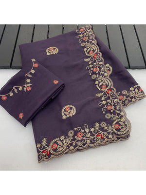 Elegant Purple Floral Cording Embroidered Georgette Saree Highlighted With Shimmering Sequins - Image 2