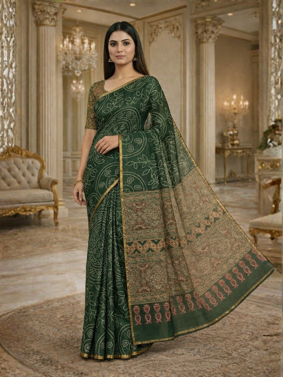 Elegant Green Chanderi Cotton Saree with Floral Print - Image 1