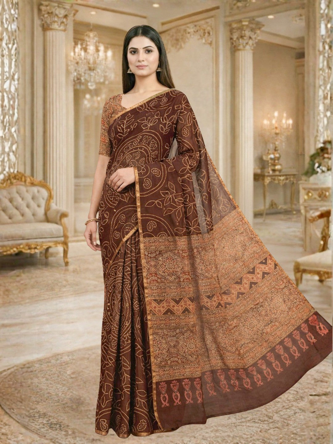 Maroon Printed Chanderi Cotton Saree with Golden Border - Image 1