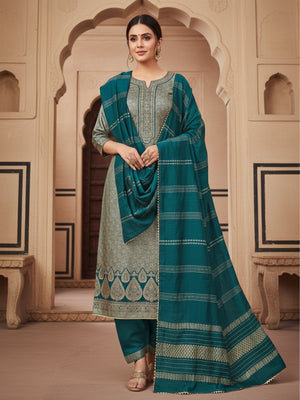 Luxurious Morpich Blue Floral Woven Art Silk Dress Material Adorned with Swarovski Work - Image 1