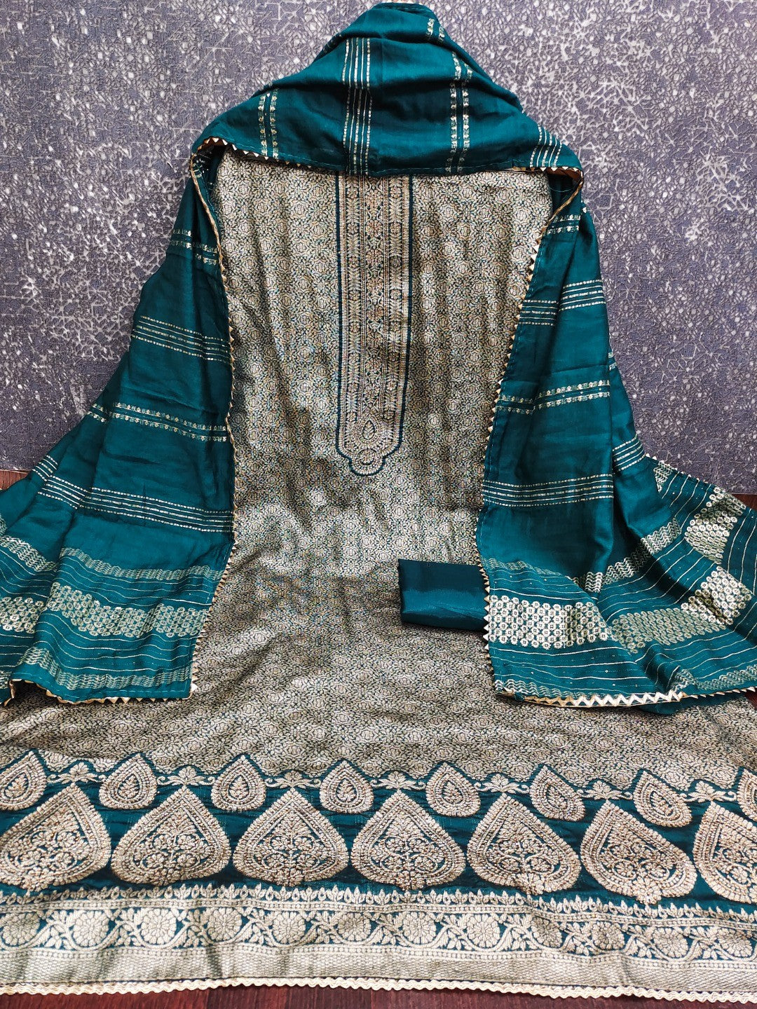 Luxurious Morpich Blue Floral Woven Art Silk Dress Material Adorned with Swarovski Work - Image 3