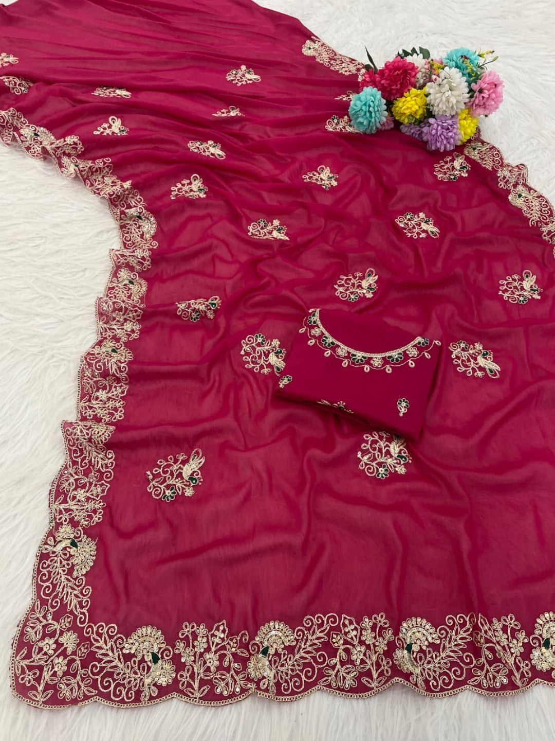 Classic Rani Pink Floral Design Georgette Saree Featuring Fine Cording Embroidery & Sequins Work - Image 3