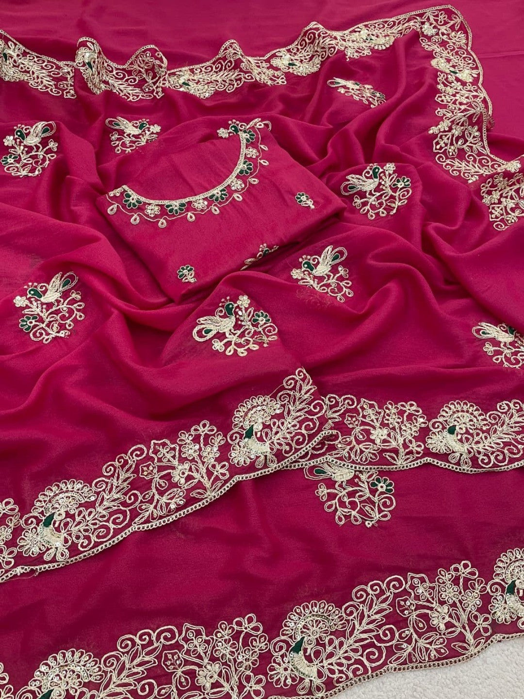 Classic Rani Pink Floral Design Georgette Saree Featuring Fine Cording Embroidery & Sequins Work - Image 5