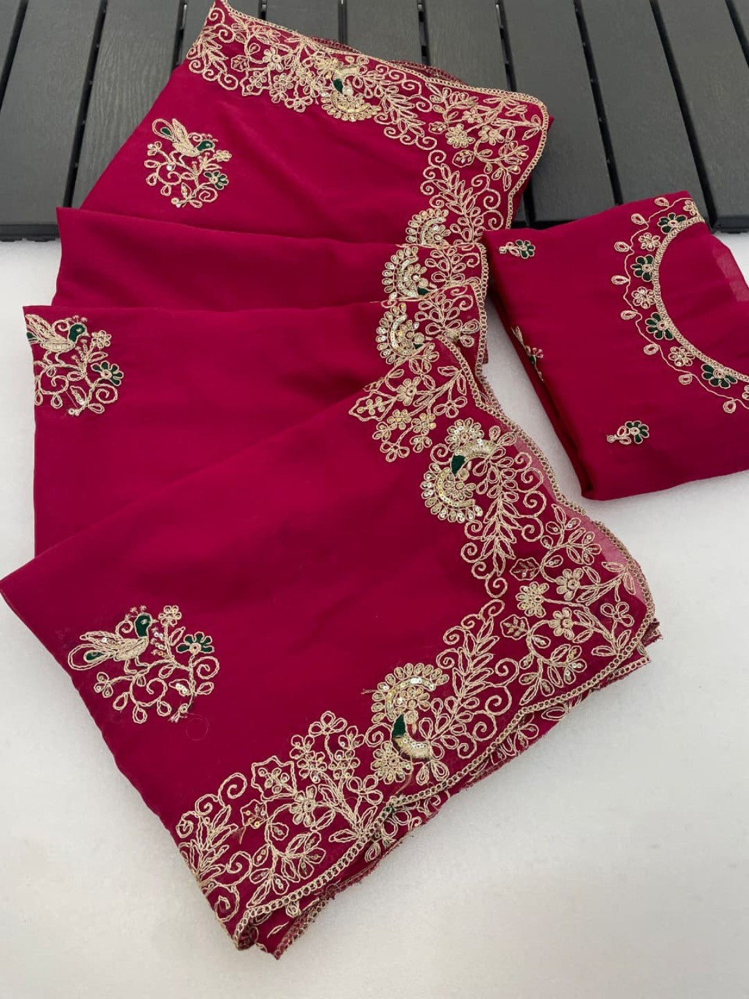 Classic Rani Pink Floral Design Georgette Saree Featuring Fine Cording Embroidery & Sequins Work - Image 6