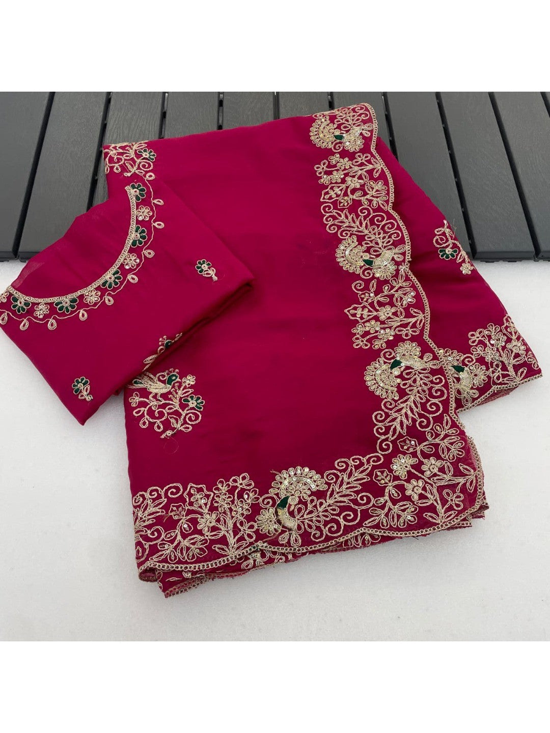 Classic Rani Pink Floral Design Georgette Saree Featuring Fine Cording Embroidery & Sequins Work - Image 7